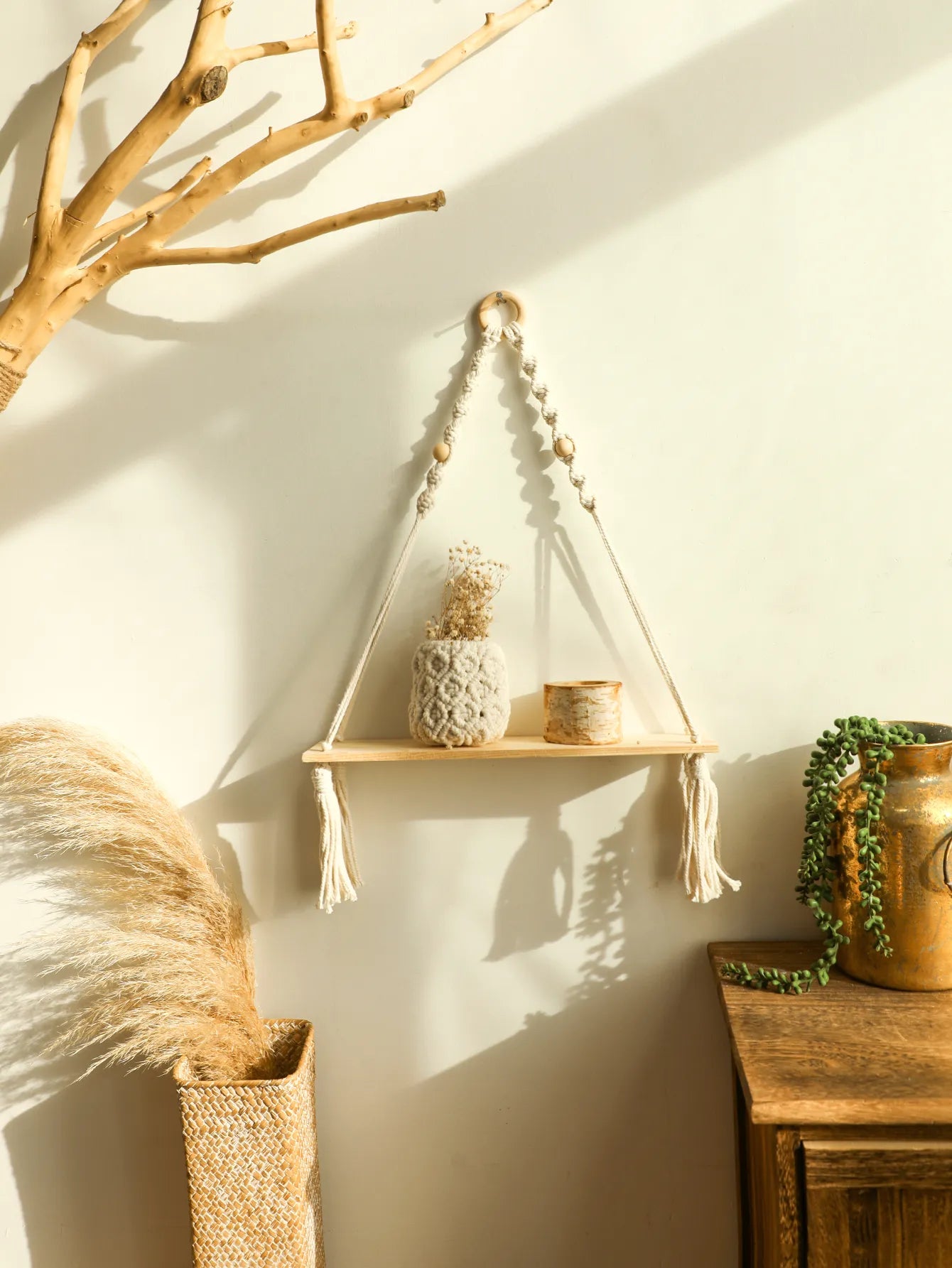 Wood Wall Shelf Macrame Bedroom